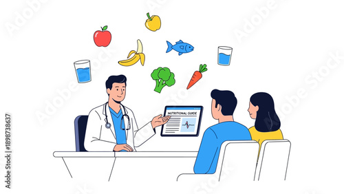 Nutrition Consultation: A nutritionist guides a couple through a personalized nutrition plan, with healthy food icons hovering above, symbolizing balanced dietary choices and the path to wellness.
