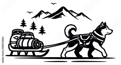 Stylized black and white illustration of a husky dog pulling a sled depicting a mountain winter journey for adventure and travel designs
