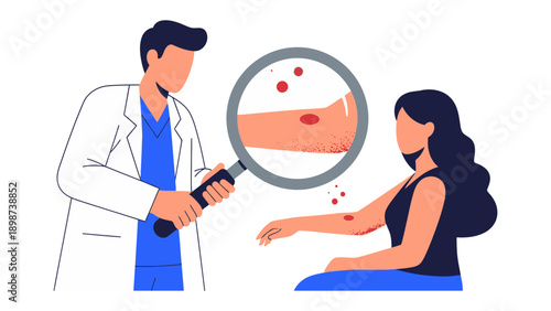 Dermatological Examination: A medical professional examines a patient's skin, using a magnifying glass to closely analyze a skin condition.