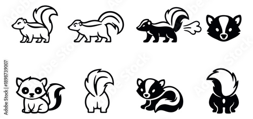 Stylized skunk illustration set featuring line art and filled icons in various poses, including one spraying, for animal designs