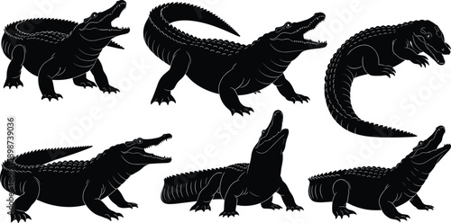 Six Black Silhouette Crocodiles In Various Poses On White Background alligator reptile