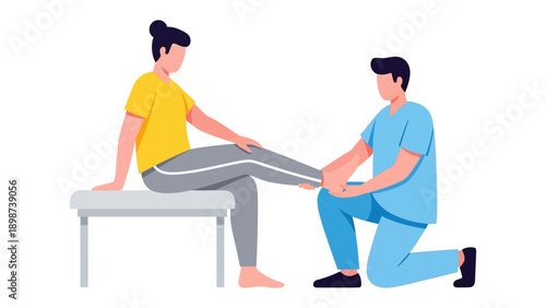 Physiotherapist examining Patient: A caring physiotherapist performs a leg examination, a patient sitting on a stool. Representing healthcare and recovery.