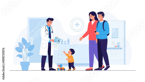 Pediatrician's Visit: A scene from a pediatric appointment with a doctor, a parent and their child