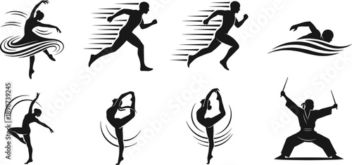 Dynamic sports silhouette set with speed lines for running and dancing