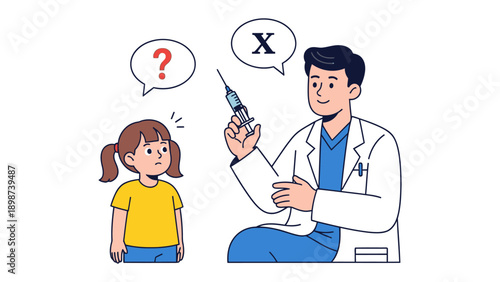 Vaccination Dilemma: A concerned child contemplates receiving an injection from a healthcare professional, with a thought bubble expressing uncertainty.