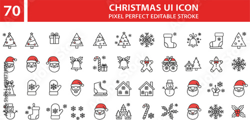 Christmas Line Icon Set with Santa Claus, Tree, Gift, Snowflake, Holiday Decoration, Winter Symbols, and Festive UI Elements for Web and App Design