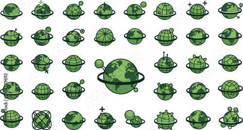 Green globe icon set for global networking ecology and world travel