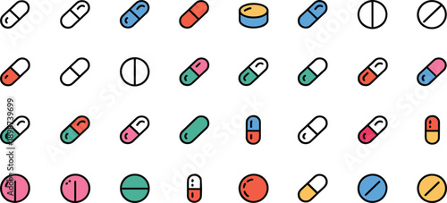 Colorful Pill and Capsule Icon Set with Medicine Tablets, Pharmaceutical Drugs, Healthcare Treatment Symbols, and Flat Medical Graphics for Web and App Design