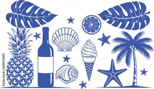 Tropical summer vacation icon set with pineapple wine and palm trees