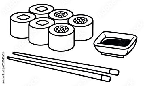 Line art sushi set featuring maki rolls, soy sauce, and chopsticks for Japanese cuisine