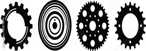 Mechanical Gear and Cogwheel Silhouette Icon Set with Industrial Machine Parts, Circular Engineering Shapes, and Abstract Technical Design Elements
