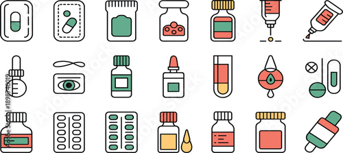 Medicine and Pharmaceutical Line Icon Set with Pills, Syringe, Injection, Bottles, Drops, and Healthcare Drug Symbols for Medical, Pharmacy, and App Design