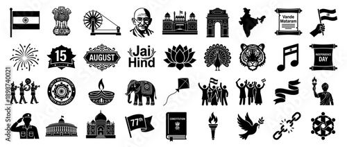 Comprehensive Black and White Vector Icon Set of Indian National Symbols and Independence Day Elements