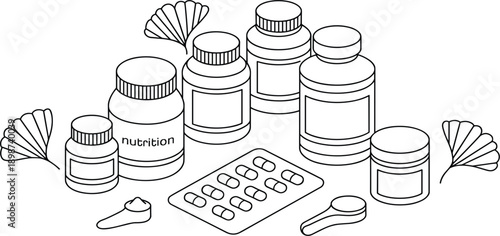 Nutrition Supplement Line Illustration Set with Vitamin Bottles, Capsules, Pills, and Healthcare Products for Wellness, Pharmacy, and Medical Design Projects