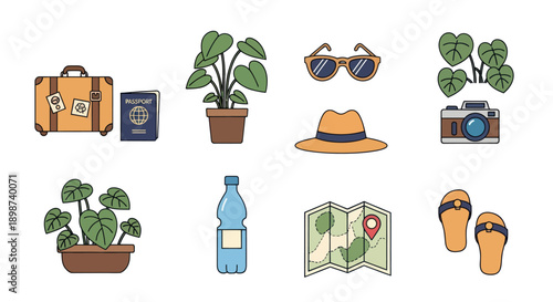 Travel and vacation icons suitcase plants sunglasses map and accessories