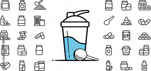 Protein Shake and Supplement Line Icon Set with Fitness Nutrition, Powder Scoop, Bottle, Capsules, and Sports Wellness Symbols for Health and Gym Design