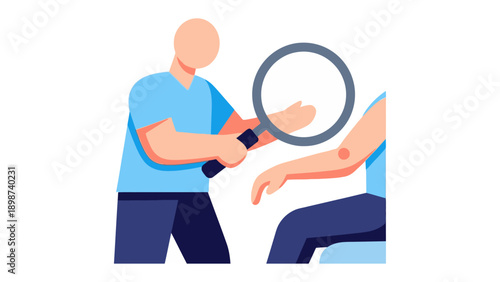Dermatological Examination: A healthcare professional meticulously examines a patient's skin using a magnifying glass, focusing on a skin blemish, symbolizing medical analysis and care.