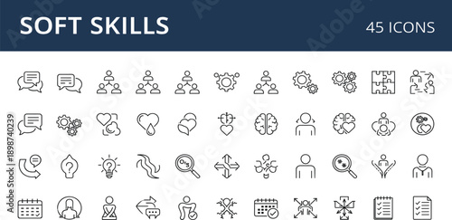 Soft Skills Line Icon Set with Communication, Teamwork, Leadership, Emotional Intelligence, Problem Solving, and Personal Development Symbols for Business and Education Design