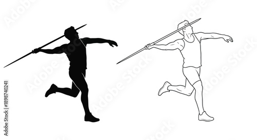 Javelin thrower in silhouette and line art depicting athletic action