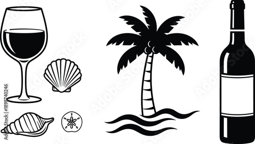 Tropical vacation wine and beach icons
