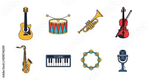 Musical instruments collection on white