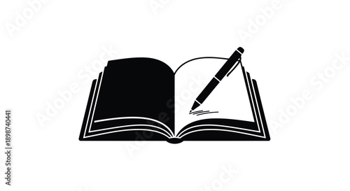 An open book with a pen hovering above its pages