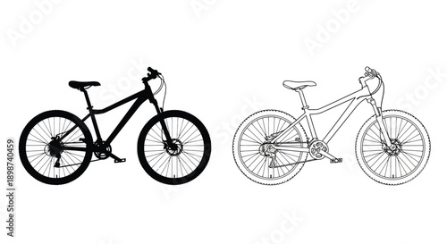 Two mountain bikes depicted in contrasting line styles solid and outlined