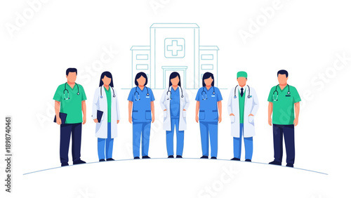Healthcare Heroes Standing Together: A dedicated healthcare team stands united, a symbol of care, compassion, and unwavering commitment, with a backdrop of a modern medical facility. 