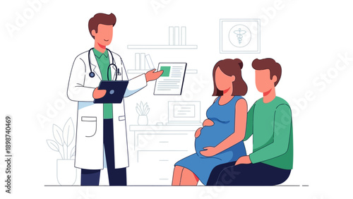 Medical Consultation and Prenatal Care: A doctor in a white coat gestures and discusses a medical chart with a pregnant woman and her partner, symbolizing prenatal care, health, and anticipation.