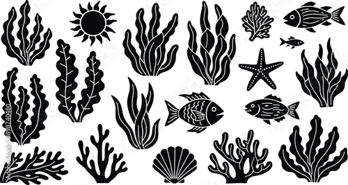 Underwater marine life silhouettes with coral reef and fish