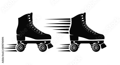 A pair of black roller skates depicted with speed lines