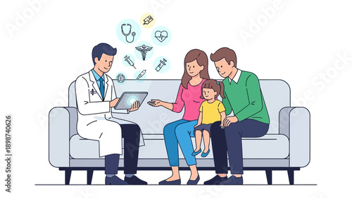 Family Health Consultation: A dedicated doctor engages in an informative discussion with a family about their well-being, utilizing technology to ensure optimal care and support.