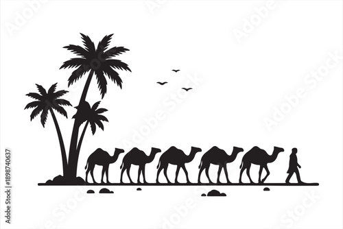 A silhouetted caravan of camels and a traveler journey across a desert landscape