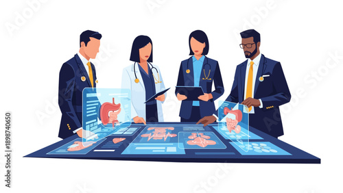 Medical Minds at Work: A team of dedicated medical professionals collaborating around a futuristic display. The scene is a visual celebration of medical excellence and technological innovation. 