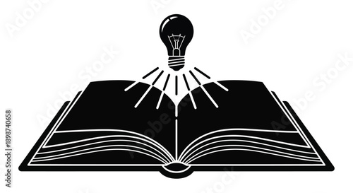 An open book with a glowing lightbulb rising from its pages