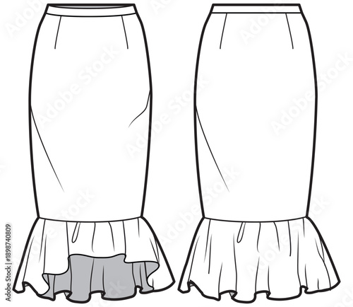 Mermaid riffle hem Skirt design flat sketch vector illustration, Women's mid length trumpet skirt fashion technical cad drawing vector template mock up