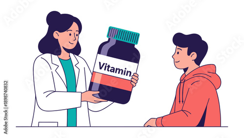 Doctor with Vitamin Supplement: A doctor illustrates and explains the advantages of vitamin supplements. A visual showing health-conscious advice and healthy lifestyle choices.