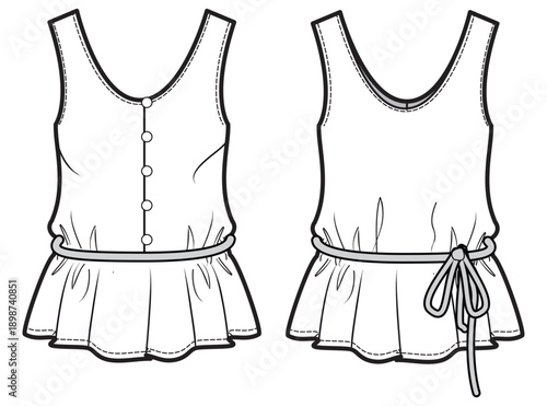 Button front Peplum blouse top design flat sketch fashion illustration with front and back view vector template. Sleeveless button up open peplum tank top cad drawing vector template
