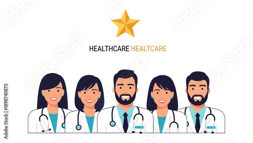 Medical Team with Confidence: A dedicated team of medical professional standing united, representing the healthcare industry with an atmosphere of reassurance and expertise.