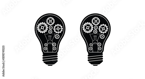 Two black lightbulbs filled with internal gears and mechanical elements