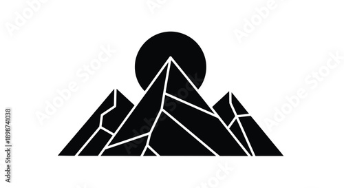 Minimalist black and white illustration of mountains and a setting sun