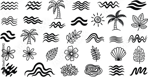 Tropical summer vacation icon set with palm trees and waves