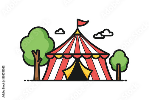Carnival Circus Tent Illustration with Trees and Clouds, Flat Line Art Vector Design for Festival and Event Branding
