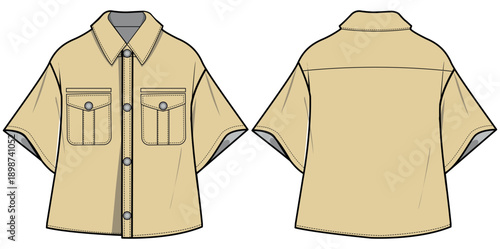 Women's Short sleeve oversize Shirt Blouse flat sketch fashion illustration drawing front and back view, baggy shirt blouse with collar for girls and ladies template mock up