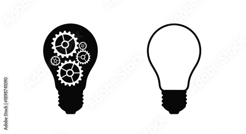 A black silhouette of a lightbulb filled with gears and an empty bulb