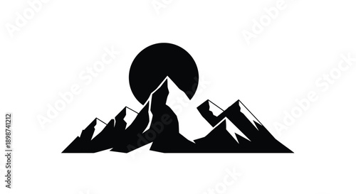 Minimalist black silhouette of mountains and a large circular sun