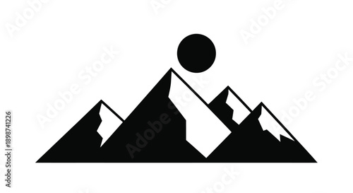 Minimalist black and white illustration of mountains with a circular sun