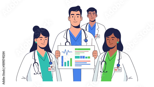 Healthcare Collaboration: A team of medical professionals, exuding confidence, collaborates on a diagnostic chart, symbolizing expertise and compassionate care.