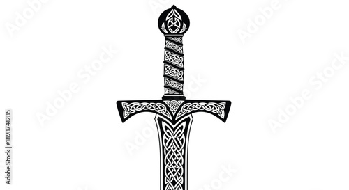 An ornate black and white illustration of a medieval fantasy sword