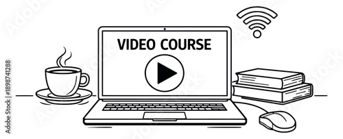 Hand drawn line art illustration of an online video course depicting a laptop, coffee cup, and books for e-learning